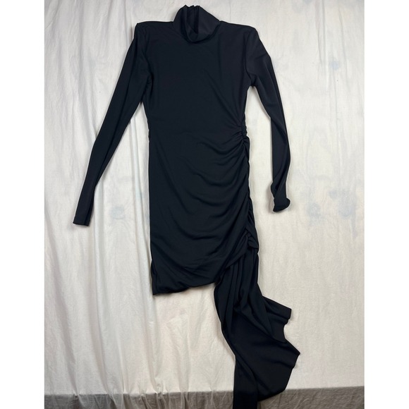 Ronny Kobo Renaldo Black Ruched Asymmetrical Drape Mock Neck Mini Dress L - Picture 3 of 9